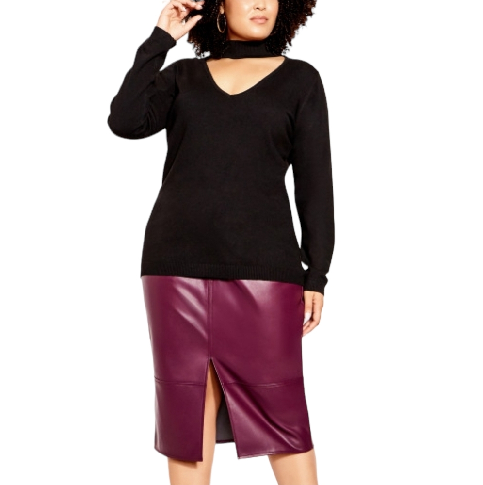 City Chic Mock Neck Collar Long Sleeve Stretch Knit Tunic Sweater Black 14 NWT